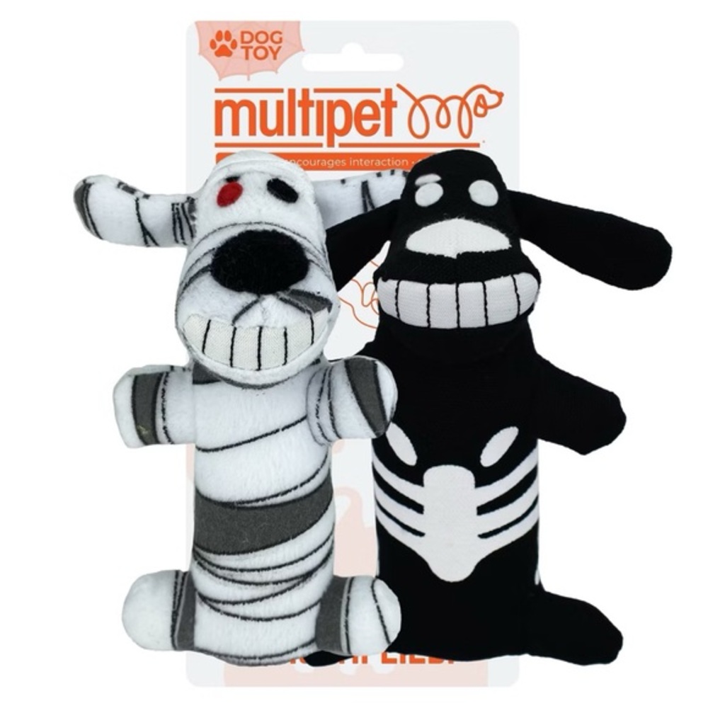 Multipet nwt Loofa Skeleton and Mummy Dog Interactive Plush Toy White/Black 2pk